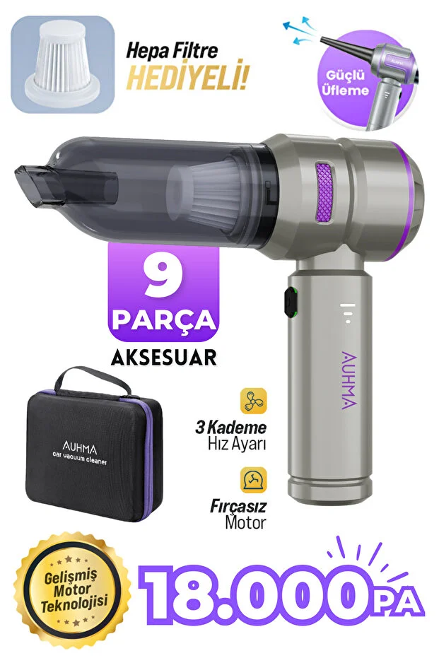 AHV-02 Kablosuz Araç İçi Süpürge Mor | 18000PA Güçlü Vakum | Fırçasız Motor